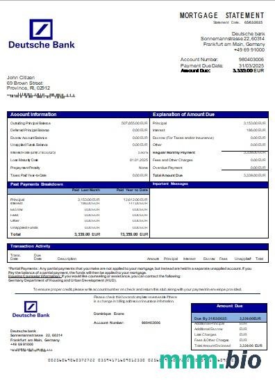 Niemcy Deutsche Bank wyciąg z kredytu hipotecznego szablon Word i PDF